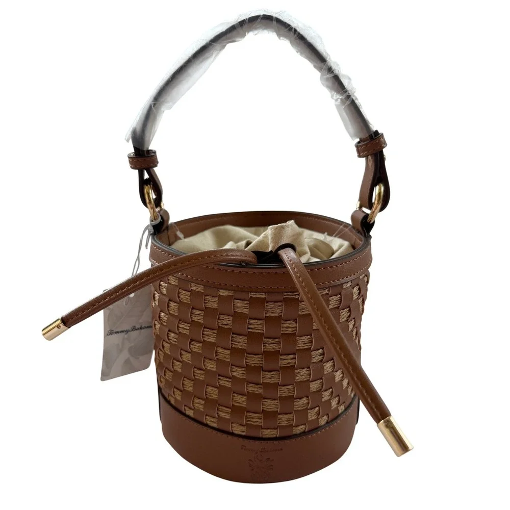 Tommy Bahama Brown Woven Straw Bucket Bag Crossbody Pineapple TQFB0264 NEW